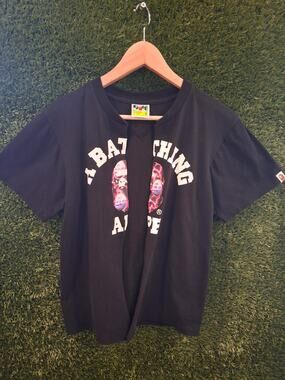 BAPE Lightning College Tee Shirt Black Size S Purple Ape Head Authentic...